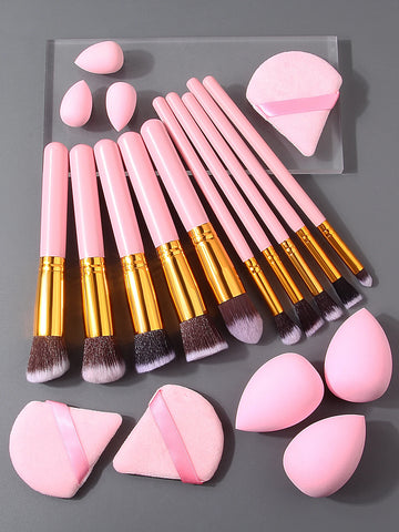 Pink Makeup Tool Set / 10 Brushes + 3 Beauty Eggs + 3 Powder Puffs + 3 Mini Beauty Eggs / High-Quality Beauty Essentials | Blossari