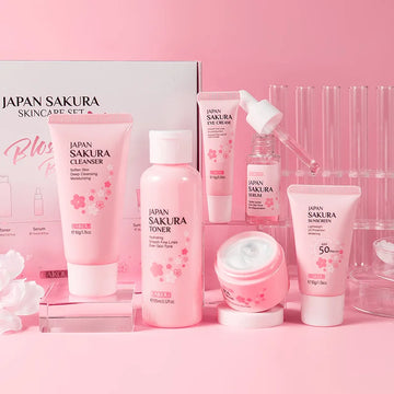 Sakura Skin Care Set / Face Cream, Serum, Toner, Cleanser, Sunscreen & Eye Cream | Blossari