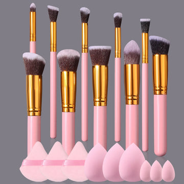 Pink Makeup Tool Set / 10 Brushes + 3 Beauty Eggs + 3 Powder Puffs + 3 Mini Beauty Eggs / High-Quality Beauty Essentials | Blossari