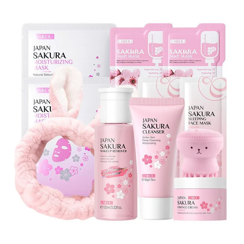 Sakura Skin Care Kit / Hydrating & Moisturizing Facial Set with Cleanser, Pore Treatment & Sunscreen / Korean Cosmetic Skincare | Blossari